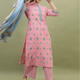 Vishudh Women Pink Printed Pure Cotton Kurta with Trousers & With Dupatta-picture-36