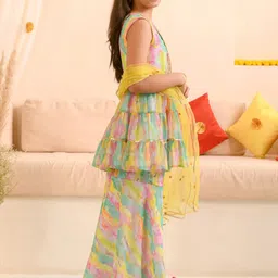 pspeaches Girls Dyed Layered Georgette Kurta with Sharara & Dupatta image 2