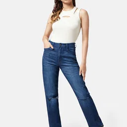 SF JEANS by Pantaloons Women Boyfriend Fit High-Rise Slash Knee Light Fade Jeans image 4