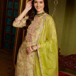 Sangria Printed Round-Neck Kurta With Trouser & Dupatta-image-86