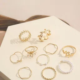 Shining Diva Fashion Set Of 10 Gold-Plated Pearls Beaded Finger Ring image 5