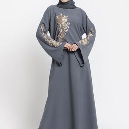 Arrabi Women Grey & Gold Embroidered Burqa With Scarf-picture-27