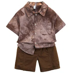 StyleCast x Revolte Boys Brown Printed Spread Collar Pure Cotton Shirt With Shorts-picture-10