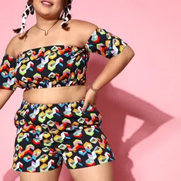 Berrylush Curve Women Deep Navy Blue Printed Top with Shorts-picture-35
