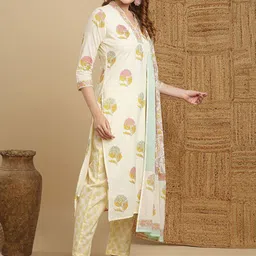 FASHOR Floral Printed Pure Cotton Kurta with Trousers & With Dupatta image 4
