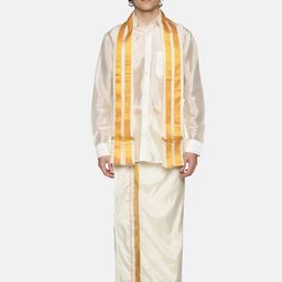 Sethukrishna Men Cream Double Layer Readymade Art Silk Dhoti With Pocket-picture-10