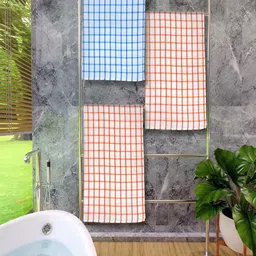 Athom Living Orange & Blue 3 Pieces Checked Cotton 150 GSM Bath Towel-picture-29