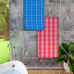 Athom Living Blue & Red 2 Pieces Checked 150 GSM Cotton Bath Towels-image-84