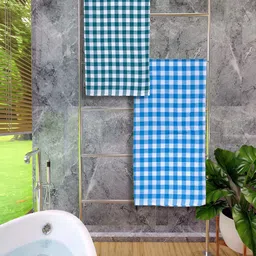 Athom Living Blue & White 2 Pieces Checked Bath Towels-image-98