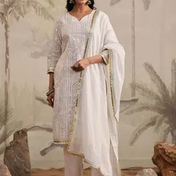 SCAKHI Notched Neck Embroidered Gotta Patti Pure Cotton Kurta with Trouser & Dupatta image 1