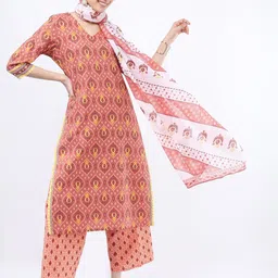 Vishudh Women Rust Ethnic Motifs Printed Pure Cotton Kurta with Trousers & With Dupatta-picture-25