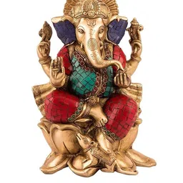 CraftVatika Gold-Toned & Red Handcrafted Brass Ganesha Idol-image-72