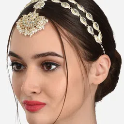 Zaveri Pearls Gold-Toned White Stone-Studded & Beaded Matha Patti image 2