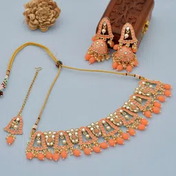 Shoshaa Gold-Plated Peach Handcrafted Kundan Stones & Beads Jewellery Set-picture-35