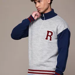 roadster Men Colorblock Mandarin Neck Grey Sweater image 3