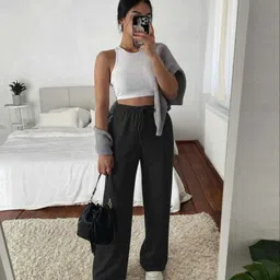 bliez Women Loose Fit, Straight Fit Black Wool Trousers image 3