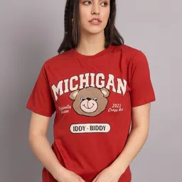 the dry state Women Printed Round Neck Pure Cotton Red T-Shirt-picture-22