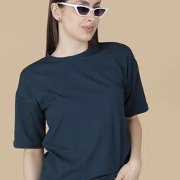 Women Solid Round Neck Wool Blend Dark Blue T-Shirt-image-47