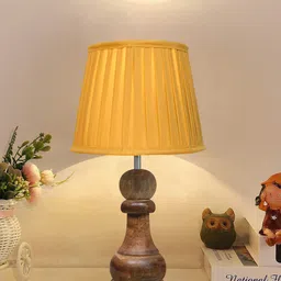 Homesake Beige & Brown Textured Wooden Table Lamp With Fabric Shade-image-99