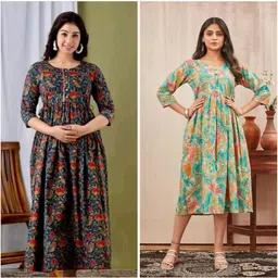 Pack of 2 Women Floral Print, Printed Pure Cotton Anarkali Kurta-image-75