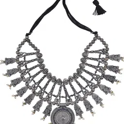 TEEJH Silver-Plated Oxidised Pearls Necklace-picture-19