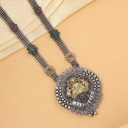 VIRAASI Woman Silver-Toned & Green Dual Tone Temple Necklace Necklace-picture-52