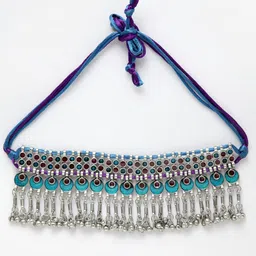 Moedbuille Women Silver-Toned & Turquoise Blue Brass Meenakari Necklace image 4