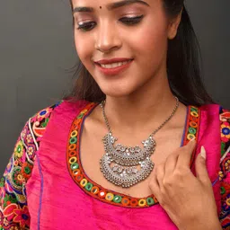Fida Silver-Plated Crescent Shaped Stone Beaded Oxidised Necklace-picture-22