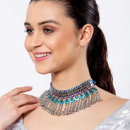 Moedbuille Women Silver-Toned & Turquoise Blue Brass Meenakari Necklace image 2