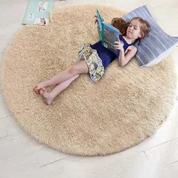 aaho decor Beige Solid Polyester 3x3 Feet Machine Made Shaggy Round Carpet-picture-31