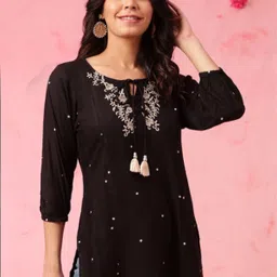 rr sa kurtis Casual Regular Sleeves Embroidered Women Black Top-picture-22