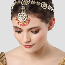 KARATCART Gold-Plated Peach Pearl & White Kundan-Studded Mathapatti-picture-15