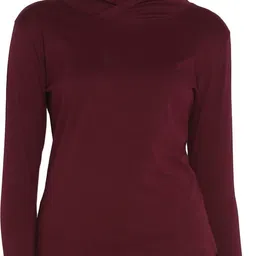 Women Solid Hooded Neck Pure Cotton Maroon T-Shirt-image-4