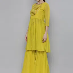 Kvsfab Women Yellow Embroidered Pleated Mirror Work Kurta with Sharara image 4