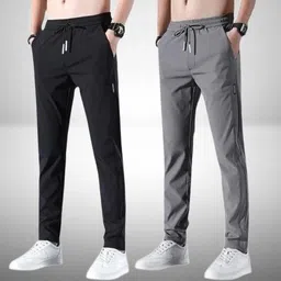 Pack of 2 Men Regular Fit Black, Grey Lycra Blend Trousers-image-61