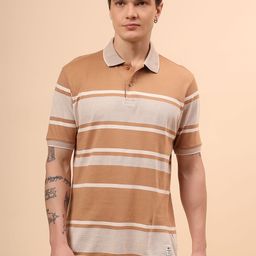 cantabil Men Striped Polo Neck Cotton Blend Beige, Brown T-Shirt-picture-33