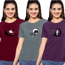 zentworld Pack of 3 Women Printed Round Neck Cotton Blend Multicolor T-Shirt-picture-35