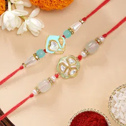 KARATCART Set of 2 Pink & Green Kundan Rakhi with Roli & Chawal-picture-41