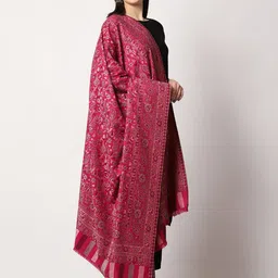 SWI Stylish Women Floral Woven Design Kani Wool Shawl With Fringed Border image 3