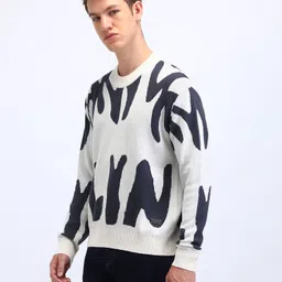 flying machine Men Graphic Print Crew Neck White, Black Sweater image 3