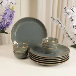 the white space living Pack of 12 Ceramic 'Olive Green' Handcrafted Stoneware Reactive Glaze Ceramic Dinner Set Dinner Set-picture-20