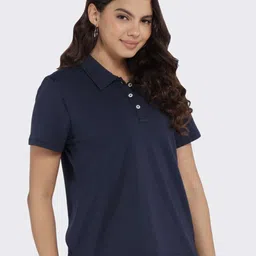 blissclub Women Solid Polo Neck Pure Cotton Blue T-Shirt-picture-21