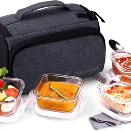 Elite Glassware Lunchbox | Borosilicate Glass Lunchbox Microwave Proof 4 Containers Lunch Box-image-0