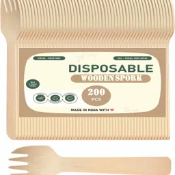 v4l Spork 2 in 1 (Spoon + Fork) Mini Wooden Cutlery Disposable Wooden Spork Set image 1