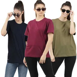 patche Pack of 3 Women Solid Round Neck Pure Cotton Green, Maroon, Black T-Shirt-picture-20