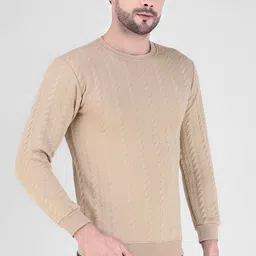 houseofcommon Men Solid Round Neck Beige Sweater image 4