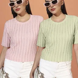 somvati Pack of 2 Women Self Design Round Neck Polyester Yellow T-Shirt image 1