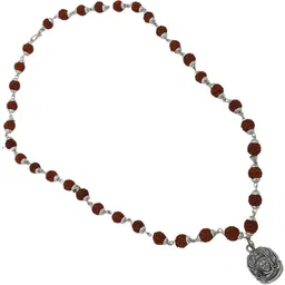 nirvana mukhi Spiritual Shiv trishul Damaru Locket With original Pamchmukhi Rudraksh Beads Silver Plated Brass, Wood Chain image 5