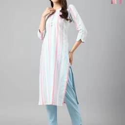 KALINI Selection Of 2 Striped Printed Notch Neck Straight Kurtas With Trousers-picture-10