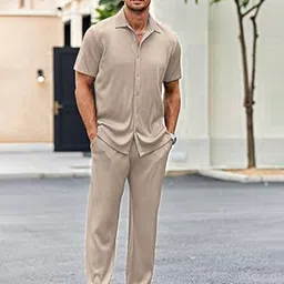 chkokko Men Shirt & Pyjama set Beige Solid image 1